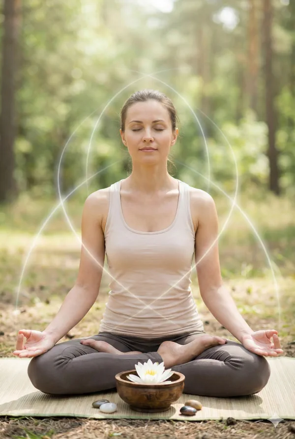 Egy meditáló jógát gyakorlót ábrázol, akit egy finom, ragyogó aura vesz körül, szimbolizálva a belső békét és az energia tudatos irányítását, ami az Asteya és a Brahmacharya alapja.