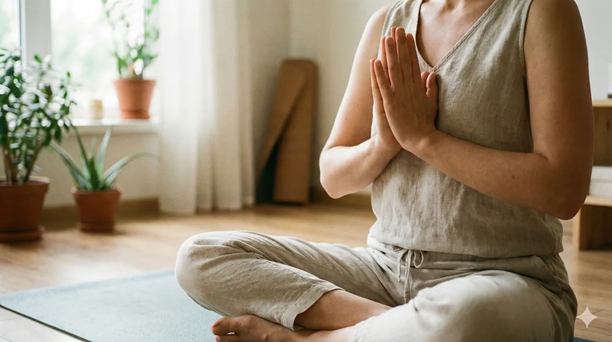 Anjali Mudra (Imatartás) Ez a kép a cikkben is említett, a szívközpontot harmonizáló kéztartást ábrázolja egy meditatív pillanatban.